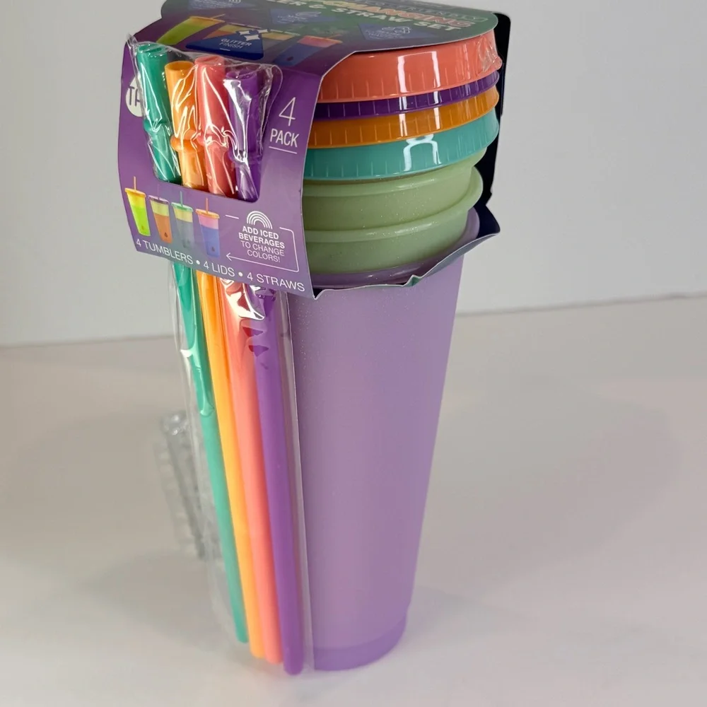 🆕 TAL 4pc Color Changing 24oz Glitter Tumbler Set w/ Straws